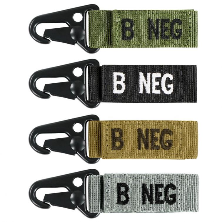 B- BLOOD TYPE SEWN ON HOOK & LOOP WEBBING STRAP WITH QUICK RELEASE SNAPHOOK.